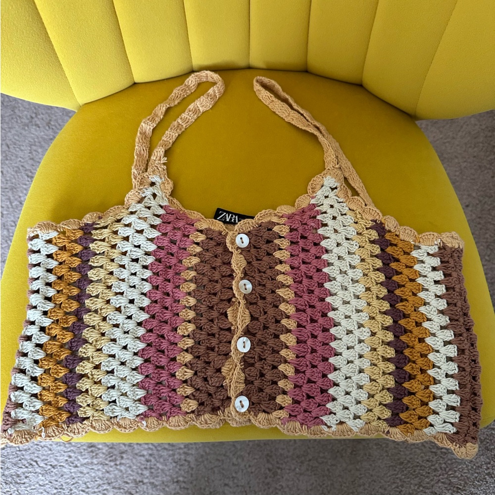 ZARA Crochet Stripped Knit Crop Top Women's XS-S Bohemian Hippie Festival